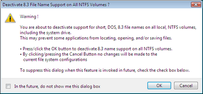 The LFNAlias Disable 8.3 Names on All Drives Dialog