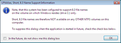 The LFNAlias 8.3 Name Support Info Dialog
