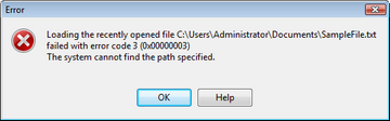 The LFNAlias Load Recent File Error Dialog